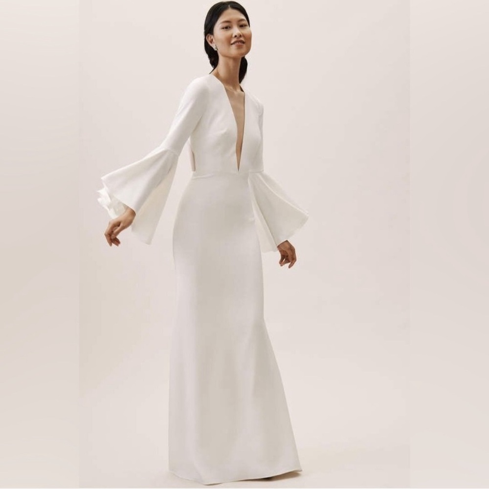 Watters Caine 70s Bridal Gown BHLDN Anthropologie Bell Sleeve Plunge Mesh Neck